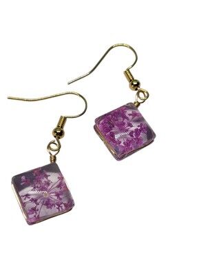 Handmade Purple Floral Glass Drop Earrings with Gold Hooks